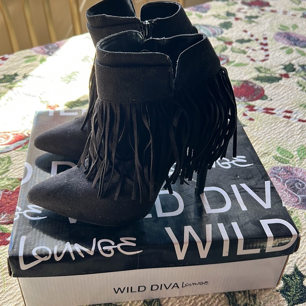 Black Suede Fringe Heeled Booties - Picture 2 of 10